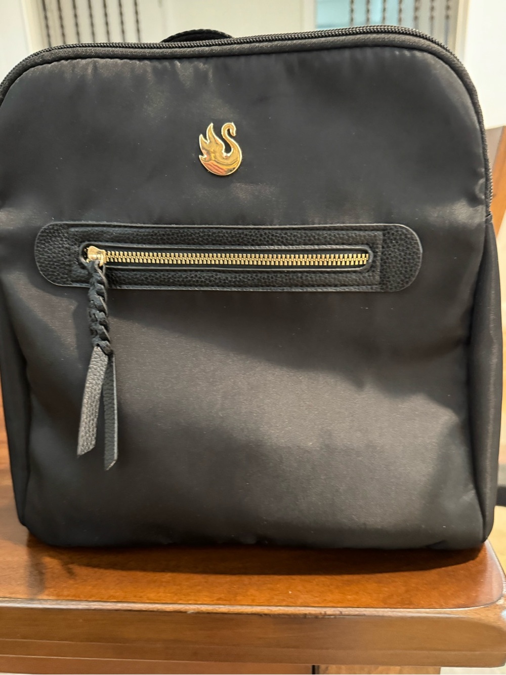 Swarovski Black Nylon Mini Backpack Gold Swan Logo Braided Zipper Pull NWOT